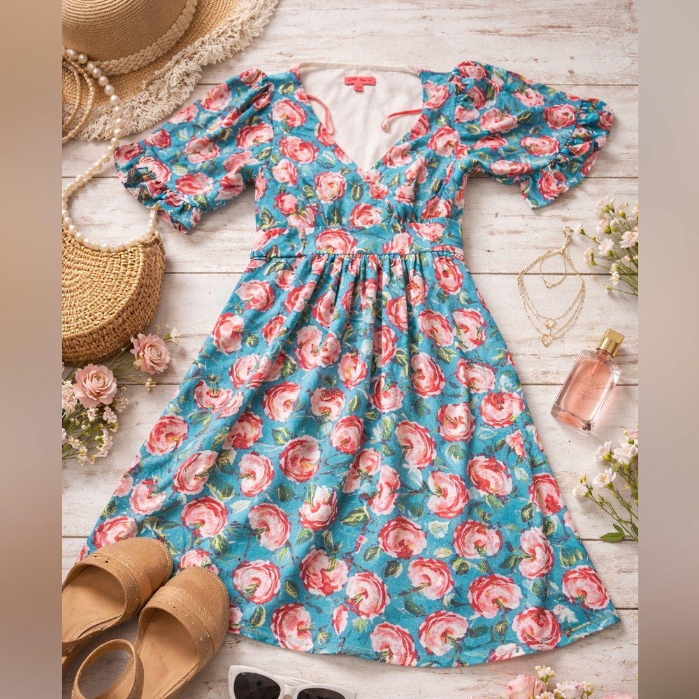 Betsey Johnson Blue Floral Fit & Flare Dress – Size 4p - Picture 2 of 13